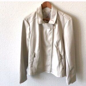 Roz & Ali Faux Leather Moto Jacket Women’s Size Large Cream Off White Zip...